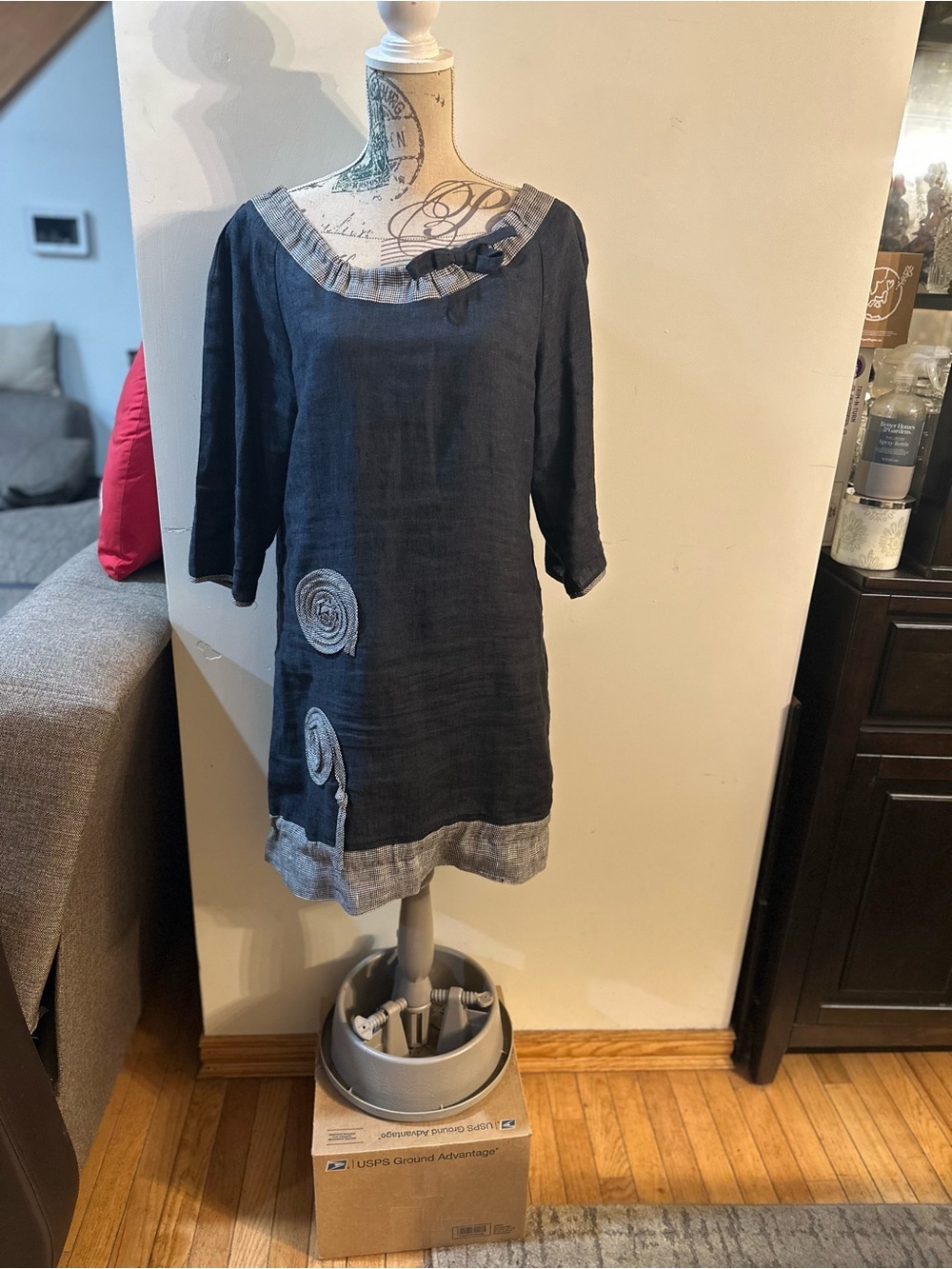 Women’s Navy Linen Mini Dress with Rolled Hem Trim